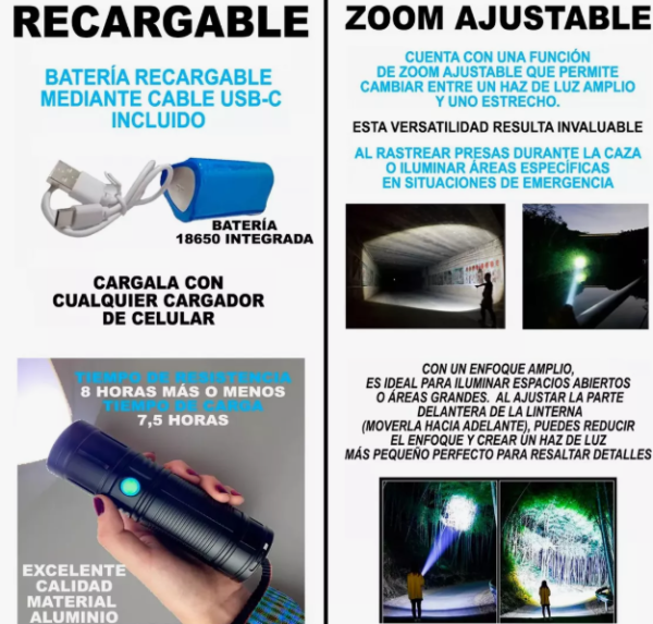 Linterna Recargable Led Táctica Potente Luz Blanca Aluminio - Imagen 5