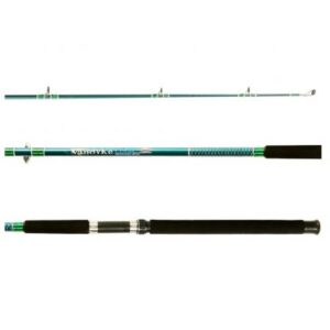 2 tramos Composición fibra de vidrio Para plomada 40 a 80 g Pasahilos cerámica Largo total 2.4 m Peso de la caña de pescar 350 g Resistencia 40 – 80 gr Acción pesada Peso del señuelo 80 g